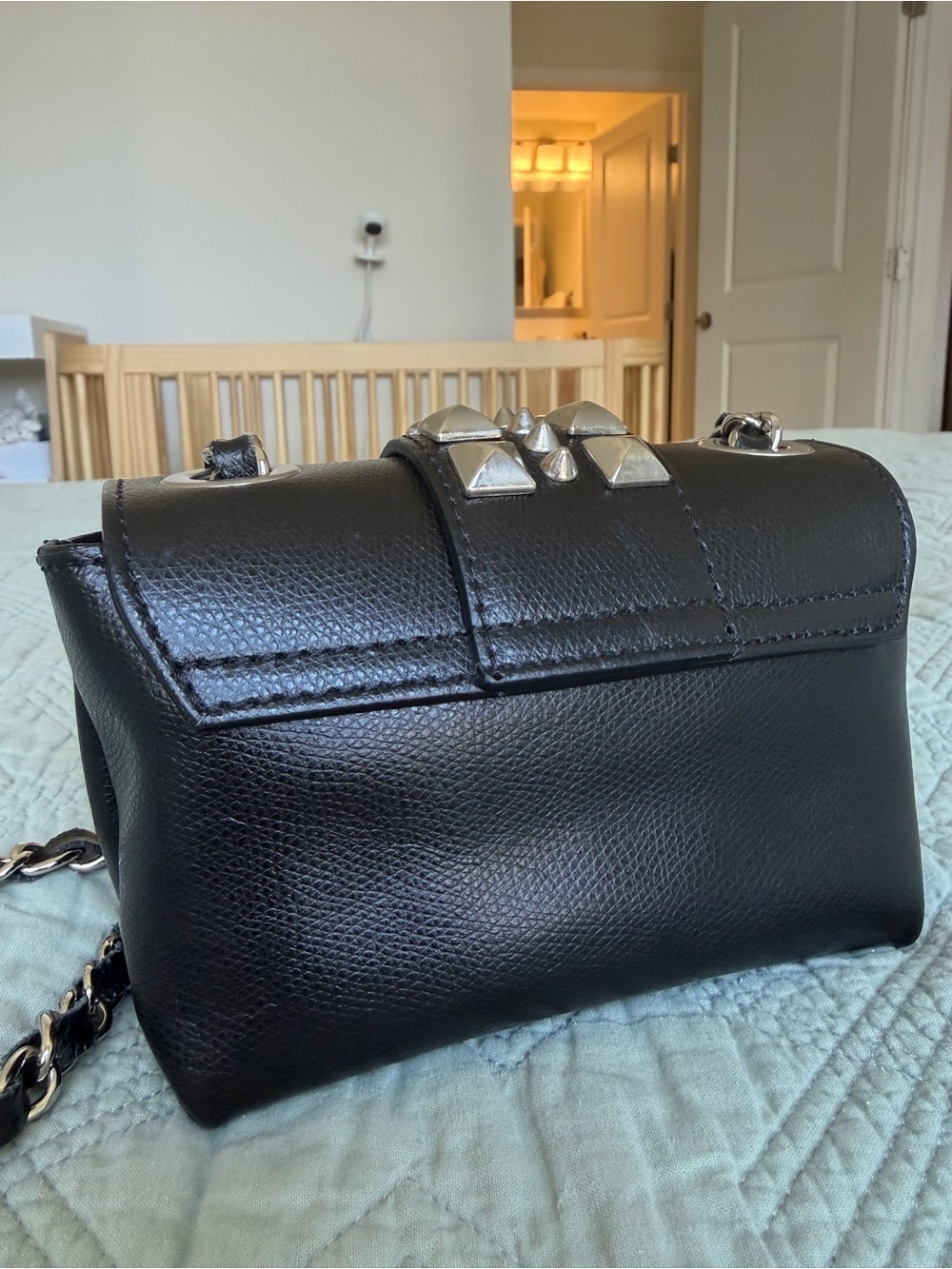 Valentino by Mario Valentino Black Leather Studded Chain Shoulder Bag - Picture 2 of 5
